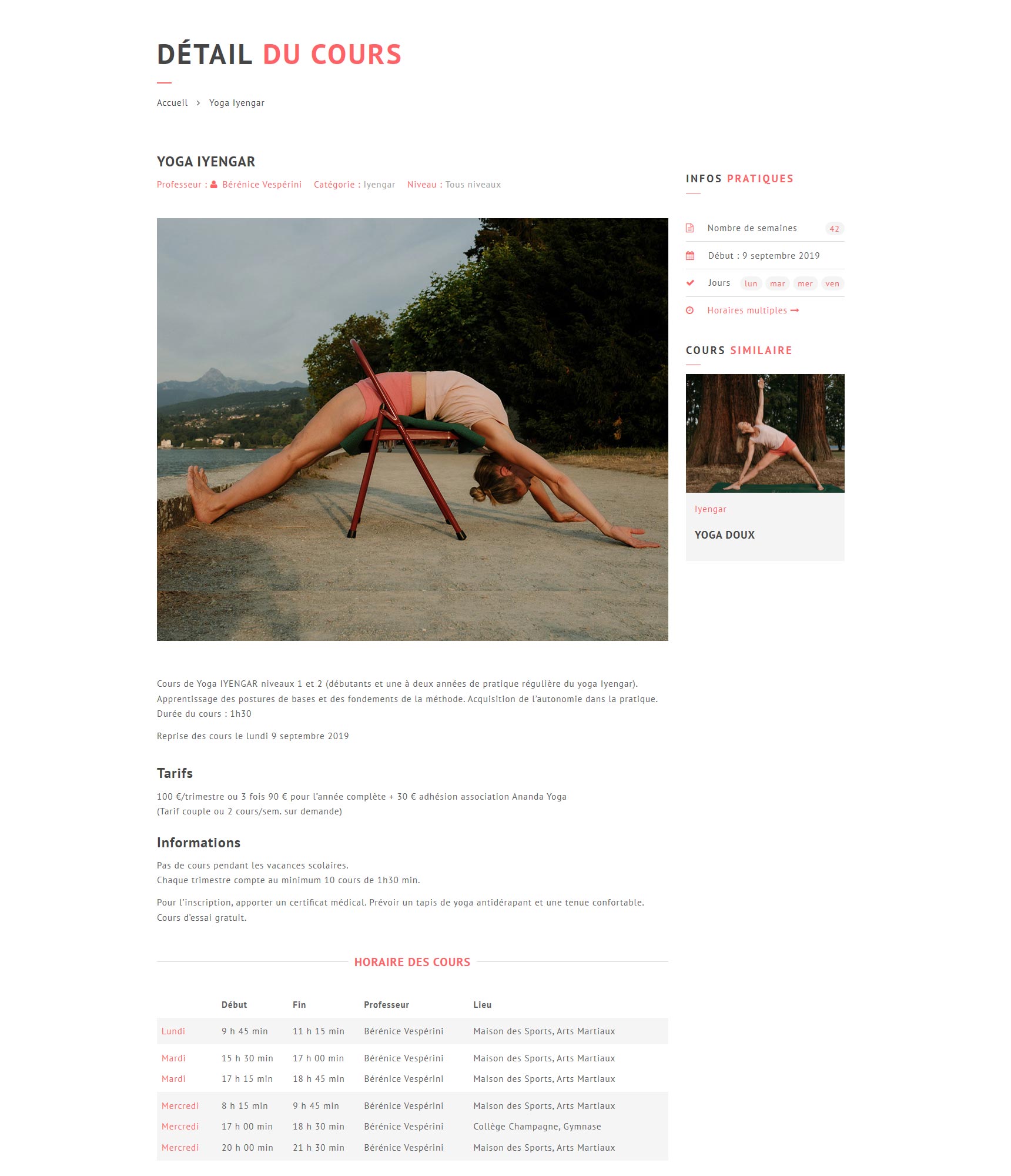 Création du site Yoga Thonon, page Détail du cours